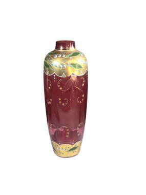 Antique Moser Cranberry Art Glass Vase Bohemian Hand-Painted Blue Floral Gold Gi